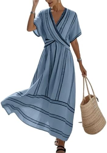 Women's Summer Boho Striped Print Midi Dress Short Sleeve Deep V Neck Criss Cross Empire Waist Flowy Beach Dress Blue-L