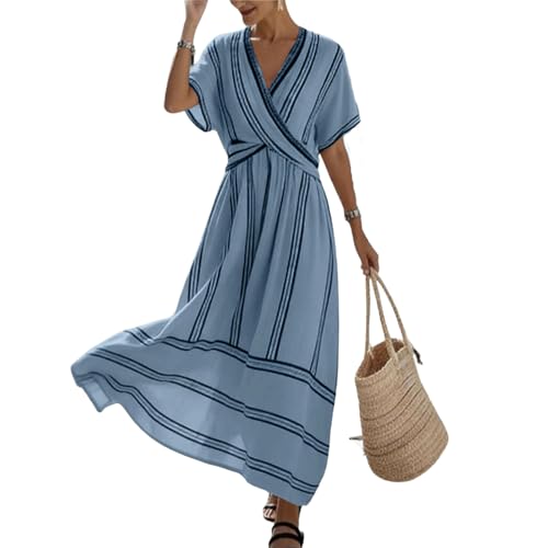 Image of Zeiayuas Summer Dress for Women UK Striped Shirts Dresses Boho Beach Maxi Dresses V Neck Half Sleeve Oversized Tunic Baggy Casual Long Dress Floaty Summer 3/4 Sleeve Sundress for Office Work Blue