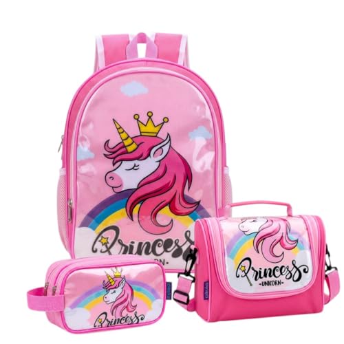 Kit Mochila Costas Escolar Infantil Passeio Feminino Unicornio Princesa Menina+ Lancheira Transversal + Estojo Duplo