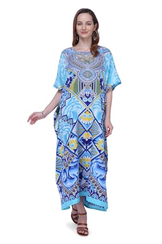 Image of Miss Lavish London Kaftan for Women Dress V Neck Summer Swimsuit Cover Up Blue Caftan Maxi Beach Dress, Plus Size African Kaftan with Batwing Sleeves, Side Slit & Pockets on Both Sides-Blue-M