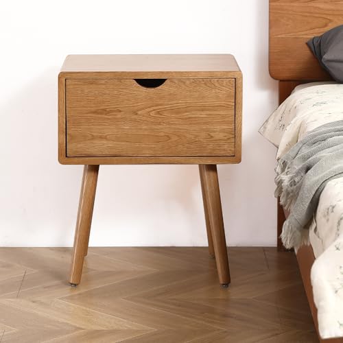 Image of Night Stand, Mid Century Modern Solid Oak Wood Nightstand with Drawers, Small Bedside Table Sturdy & Durable Easy Assembly 19.68 inch L x 15.74 inch W x 23.63 inch H (Natural)