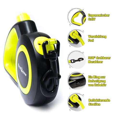 FirstPaw Rollleine Für Hunde bis 20 kg - Ausziehbar Hundeleine 5m, Reflektierendes Band, ergonomisches Design, bissfeste Materialien, leichtes Bremssystem, Zubehörring für Kotbeutel oder Taschenlampe