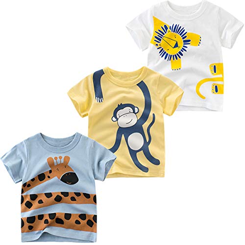 Junoai Toddler Little Boys Clothes 3-Pack Dinosaur Short Sleeve Crewneck T-Shirts Top Tee Size For 2-7 Years (Lion, Monkey, Giraffe, 3T) #TOP22