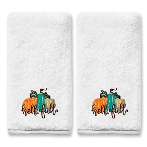 IFFVGX Mode Orange Buffalo Plaid Fall Kitchen Towels, 18x26 Inch Set of 2, Leaves & Pumpkin Design, Farmhouse Dish Towels for Autumn Decor, Hand Towels for Kitchen & Dining