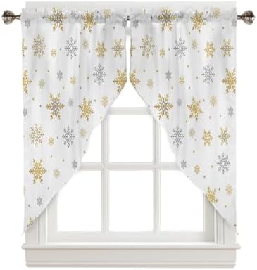 Christmas Curtains Swag Valance Gold and Grey Snowflake White Rod Pocket Kitchen Curtains Winter Holiday Window Treatment Valances Swag Curtains for Christmas Decorations, 1 Pair, 28″W x 36″L
