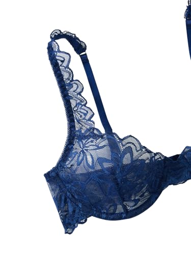 Image of Lilosy Sexy Floral Lace Scallop Underwire Push Up Sheer Lingerie Set Outfits