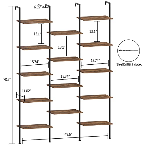 Tohomeor Triple Wide Bookshelf Wall Mounted 5-Tiers Ladder Book Shelf Industrial Wooden And Metal Bookshelf Open Display Storage Rack For Living Room Bedroom Home Office (Rustic Brown, Large) #TOP1