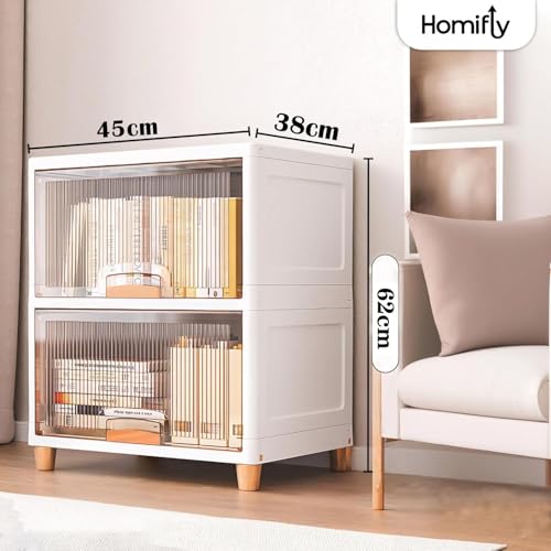 Image of HOMIFLY 2 Tier X-Large Plastic Wardrobe for Clothes /Multipurpose Stackable Storage Cabinet /Foldable Space Saving Almirah for Bedroom /Cupboard Organizer for Clothes, Toys, Kitchen(White & Transparent)