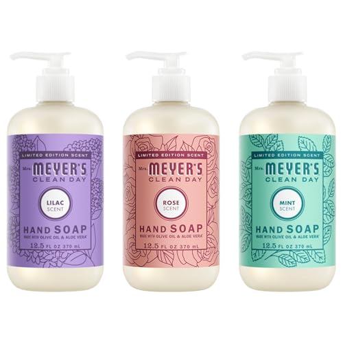 Image of Mrs. MEYER'S Hand Soap 12.5 Fl Oz New Spring Scent Bundle, 1 Rose, 1 Lilac, 1 Mint, 1 CT (Variety Pack)