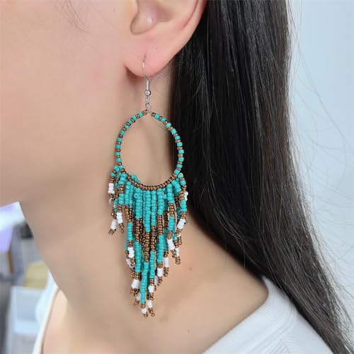 Boho Long Fringe Drop Dangle Statement Earrings for Women Girls Hademade Ball Beads Hoop Tassel Chain Woven Dangling Hook Chandelier Tribal Exaggerated Dream-catcher Jewelry2