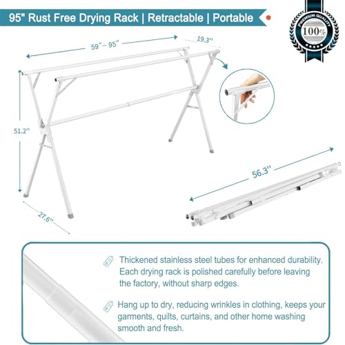 Image of 95 Inches Clothes Drying Rack, Drying Rack Clothing Folding Indoor Outdoor, Heavy Duty Stainless Steel Laundry Drying Rack, Foldable Portable Clothes Rack Garment Rack with 20 Hooks White