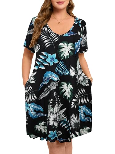 Image of ZENNILO Women's Plus Size Swing Dress with Pockets V Neck Short Sleeve | Lightweight 95% Rayon; knee-length swing fit packable for travel, beach vacation, party, office or casual days, M-5X