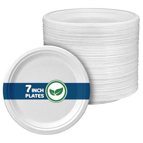 Disposable Paper Plate 7 Inch Heavy Duty Strong Bagasse Compostable Eco-Friendly Natural Sugarcane Fibers Round Plates for Hot & Cold Food Catering Birthday Dinner Party Office Picnic BBQs 50 Plates