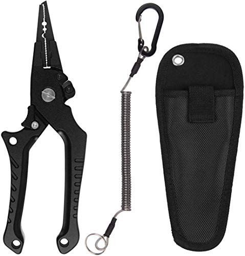 Aluminum Fishing Pliers, Fishing Scissors Locking Fishing Forceps Saltwater Resistant Hook Remover Braid Line Cutter Split Ring Opener Crimp Sleeves Tool Multitool Fish Pliers with Lanyard Sheath