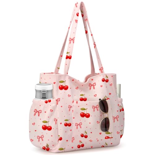 hatisan Cherry Bow Corduroy Tote Bag for Women, Cute Coquette Shoulder Bag - image 1