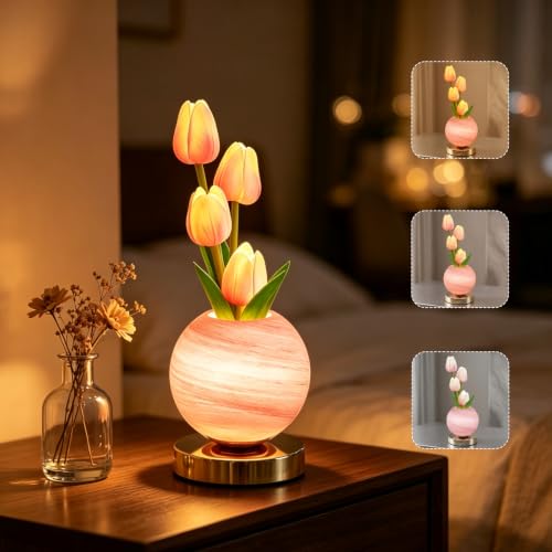 Lampe De Table Tulipe, 3 Couleurs Lampe De Chevet Tactile en Cristal avec Vase à Intensité Variable,Lampe de Bureau Rechargeable Sans Fil,Cadeau Romantique pour Femme Maman (Tulipe-Rose)