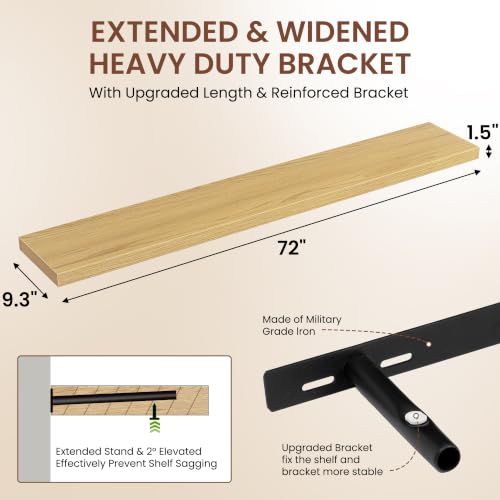 Image of Dreamland 72 Inches Floating Shelves for Wall,9.3 inch Deep Long Floating Shelves Set of 1,Large Display & Storage Shelf,Wall Shelf for Bathroom Bedroom Living Room Kitchen Office,Oak