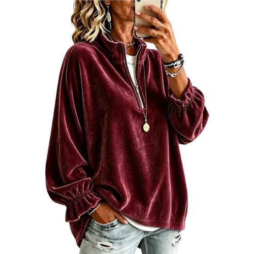 JiXiang Mock Neck Sweatshirt Women Puff Long Sleeve Elegant Velvet Pullover Tops Fall Oversized Half Zip Stand Collar Blouse - image 2