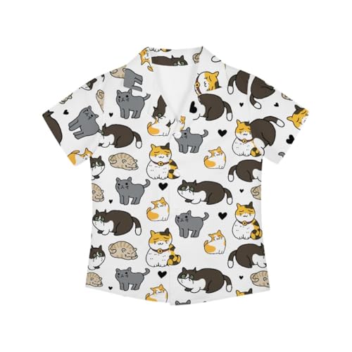 GLUDEAR Boys Girls Hawaii Shirt Cute Cat Print Casual Short Sleeve Button Down Shirts Blouse Tops
