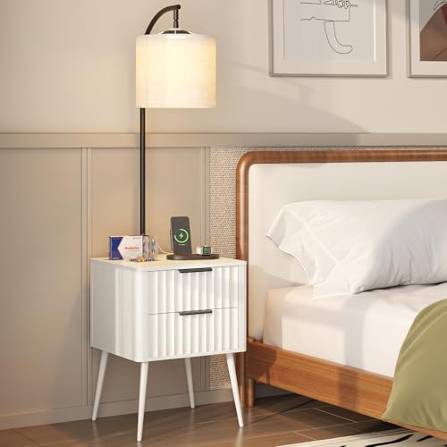 HNEBC HNEBC Fluted nightstand with 3-Color Lights and Lampshades