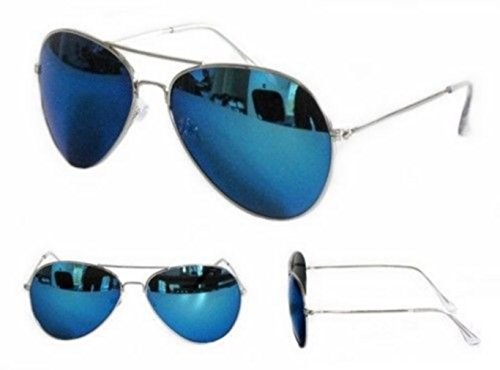 PURECITY© - Lunettes de Soleil Aviateur Pilote FBI - Monture Métal Argenté Verres Miroir Bleu - Homme Femme Tendance Cover