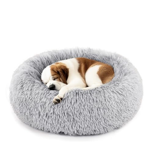 DUMOS Donut Dog Bed, Washable Dog Couch Bed with Removable Cover, Waterproof Pet Bed for Small Size Dogs, Memory Foam Pet Bed Non-Slip Base, Gray
