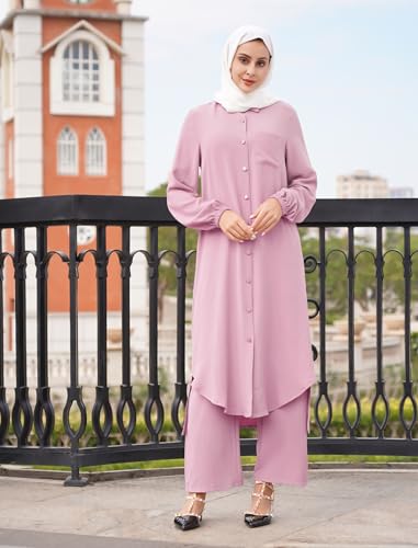Image of IDOPIP Abaya Dress for Women Muslim Set Long Sleeve Chiffon Islamic Dress Shirt with Pants 2PCS Dubai Prayer Casual Clothes