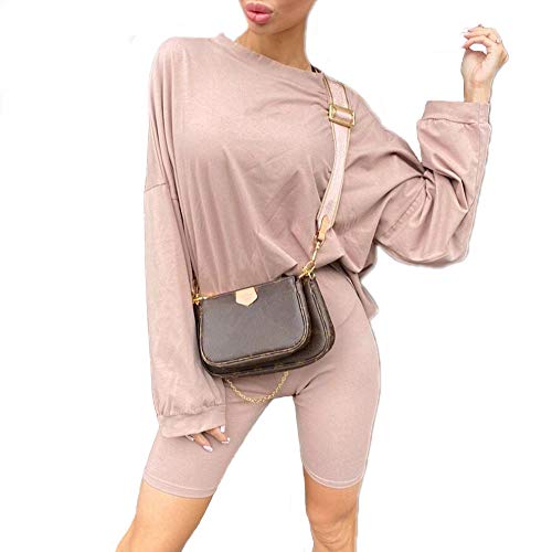 Women's 2 Piece Outfit Sets Casual Oversized T-Shirt Tops Biker Shorts Workout Sports Tracksuit with Belt(XL,Khaki)
