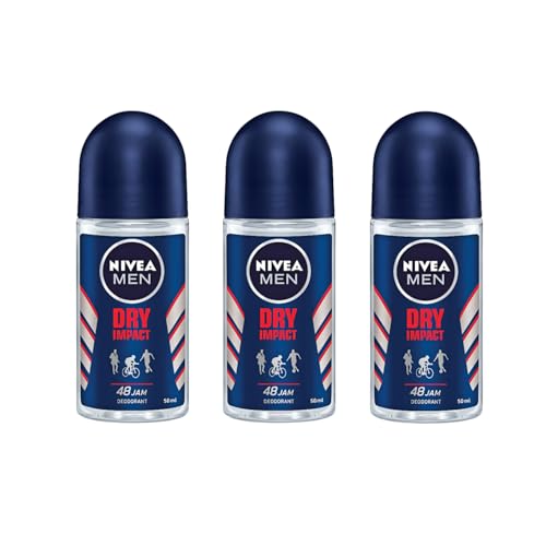 NIVEA MEN Dry Impact Anti-Perspirant Roll-On Deodorant 50ml – 48H Sweat & Odor Protection, Alcohol-Free, Dual Active Formula with Avocado Oil, Long-Lasting Fresh Clean Scent for All Skin, Pack of 3