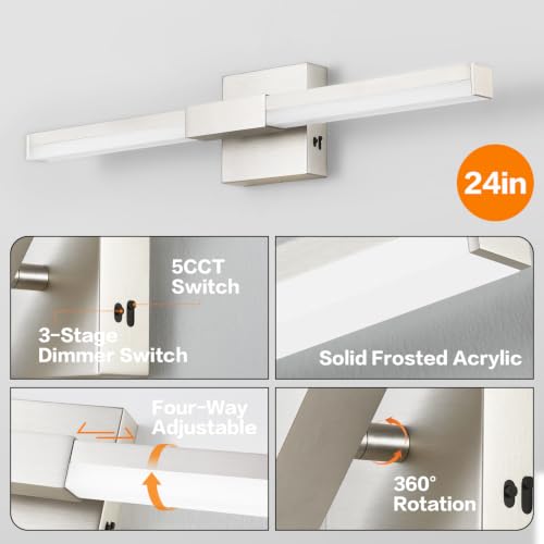 Image of SOLFART Bathroom Lights Over Mirror, 24 Inch Brushed Nickel LED Vanity Light, 5CCT Dimmable, Built-in Dimmer, 4-Way Adjustable, ETL IP44