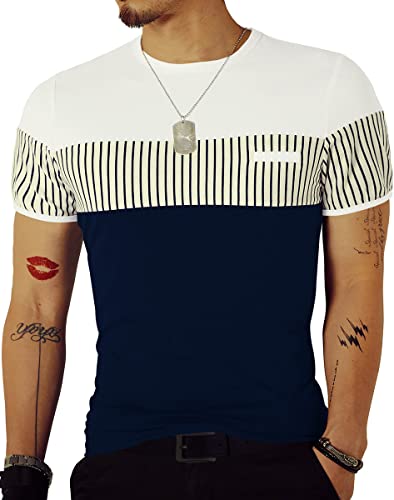 LOGEEYAR Men's Strip Casual Slim fit Cotton T-Shirt Short Sleeve Crewneck Tee Shirts for Boy (Blue, Large)