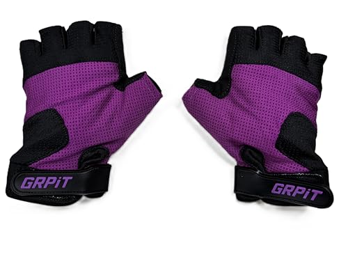 GRPiT Kids Gloves for Biking, Scootering & Playground Fun – Half Finger Padded Bike Gloves for Boys & Girls – Ages 5 to 12 – Comfortable, Durable, Adjustable Fit (Purple, 7/8, Right/Left)