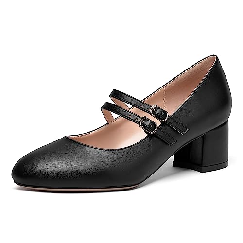 SHOWFOREST Womens Mary Jane Dating Solid Matte Adjustable Strap Round Toe Cute Slip On Block Low Heel Pumps Shoes 2 Inch
