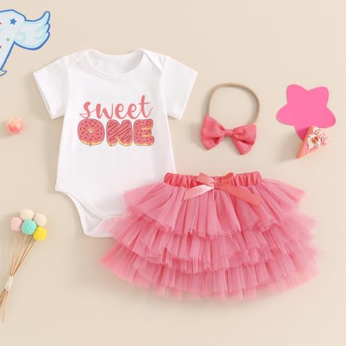 FYBITBO Sweet One First Birthday Outfit Baby Girl Donut Short Sleeve Romper Tulle Tutu Skirt Dress 1St Birthday Girl Outfit2