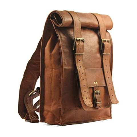 Urban Dezire Men's Leather Vintage Roll On Laptop Backpack Rucksack - Brown - 11"(L), 16"(Rolled) -(H)- 21"(Open), 4(W) Cover