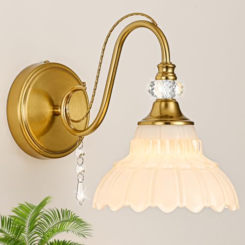 Image of 1 Piece Vintage Wall Sconce, 1-Light Brushed Gold Finish Wall Sconce with Hanging Crystal Accents and Flower-Shaped White Shades for Bathroom Bedroom Living Room,Vintage Vanity Light