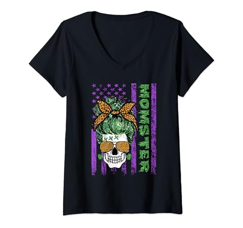 Donna Momster America Flag Skull Mom Leopard Monster Halloween Maglietta con Collo a V