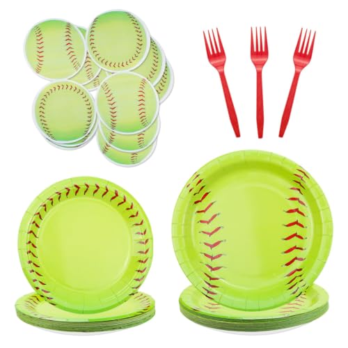 Hegbolke Softball Party Decoration Supplies - 80Pcs Disposable Sports Cutlery Set Including Plates Napkins Forks for Softball Birthday Parties & Game Days - Serve 20