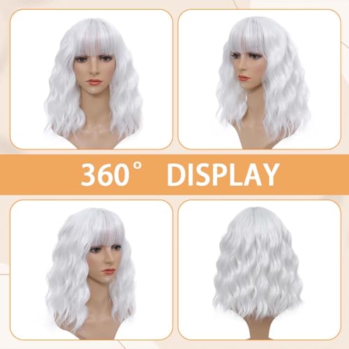 Image of Pastel White Wavy Bob Wig for Women, Short Shoulder Length Synthetic Wig with Bangs, Matte Natural Realistic Look Lightweight Hairpiece, White Color for Daily Wear & Cosplay Costume