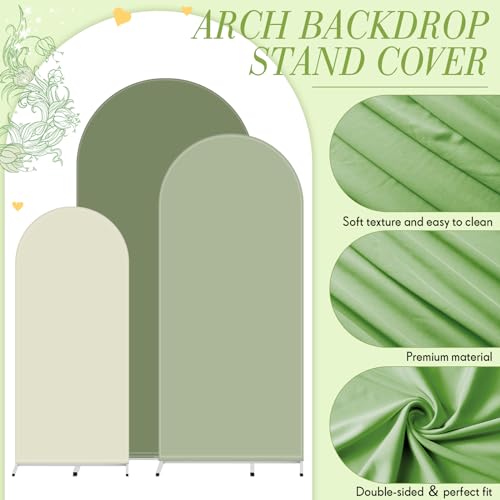 Image of VitalCozy Set of 3 Wedding Arch Cover 6ft, 6.5ft, 7.2ft Fabric Arch Backdrop Cover Double Sided Fitted Spandex for Baby Shower Birthday Party Decoration, Frame Not Included(Green Series)