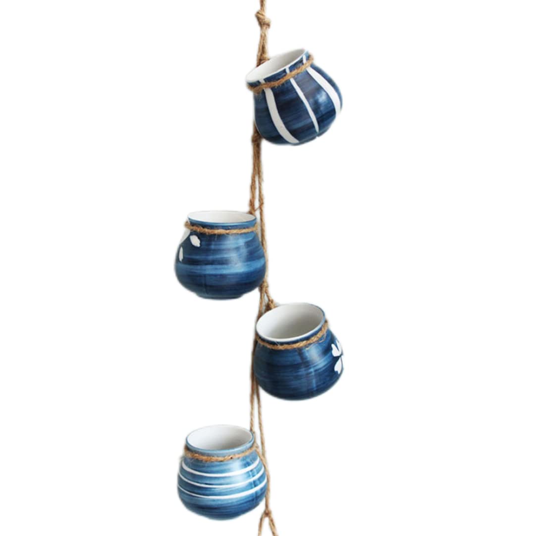 Hperu Blue Plant Pot, 4Pcs/Set Bright Pastel Ceramic Hanging Flower Pots - Hanging Planter Set For Garden Home Wall Decoration, Succulents, Air Plants (Pattern Random)