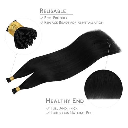 Image of WENNALIFE I Tip Hair Extensions Real Human Hair, 100g 200s 16 Inch Jet Black Remy Itip Human Hair Extensions Invisible Itips Straight I Tips Cold Fusion Extensions