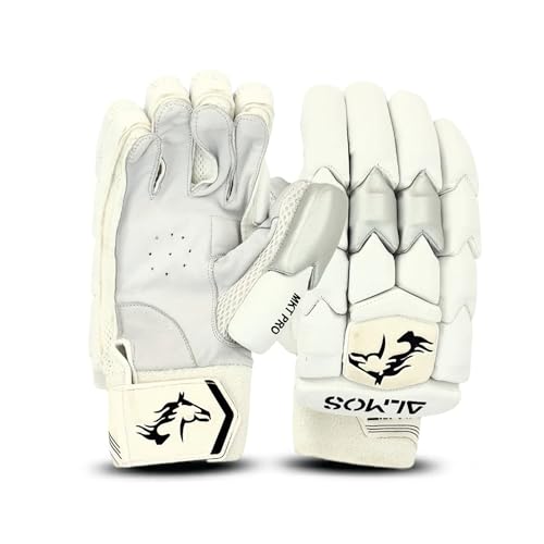 Almos Cricket Batting Gloves, Sports Professional Build, Cricket Batting for Right Handed Players, White and Black Color Style, Adult Size Glove MKT PRO Style
