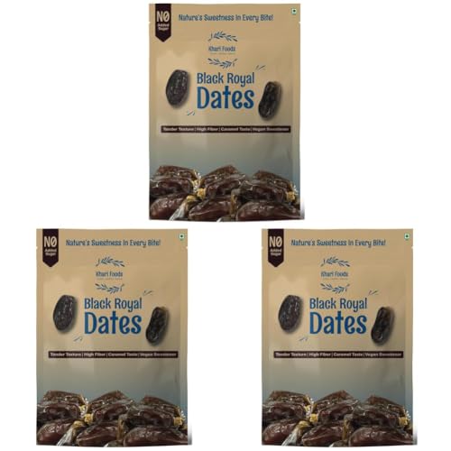 Image of Khari Foods - Black Royal Dates - 1kg Premium Khajoor - High Fibre, No Added Sugar, No Preservatives - Soft Healthy Dry Dates for Energy, Immunity Support and Everyday Wellness (Pack of 3)