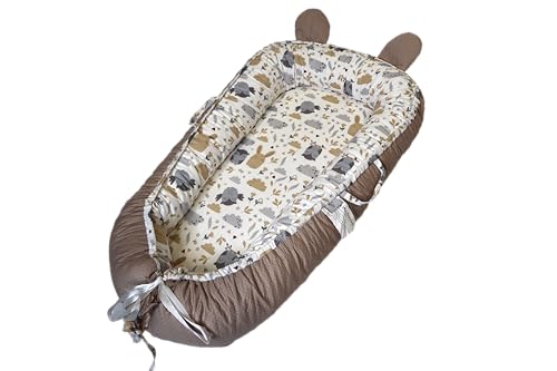 Image of TERSY Baby Lounger - Baby Essentials for 0-24 Months - Adjustable Soft 100% Cotton with Owls and Bunnies