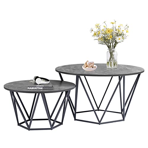 KIREINAKAWA Round Nesting Coffee Table Set of 2, Gray/Black Marble Finish, 31"D x 18"W 31"H in, 24"D 24"W 14"H in, Industrial Style, Living Room - Image 3