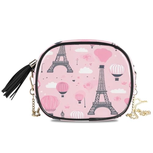 ALAZA Women's Paris Eiffel Tower Hot Air Balloon Pink PU Leather Crossbody Bag Shoulder Purse with Tassel