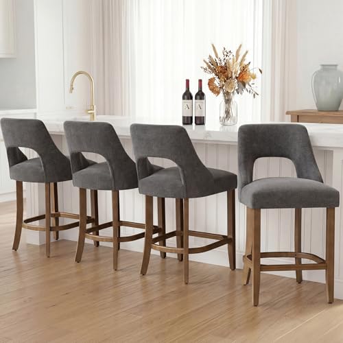 Image of UVV Bar Stools Set of 3, Upholstered Counter Height Bar Stools, Modern Counter Stools with Wood Legs for Kitchen Island Dining Room Bar, Dark Grey