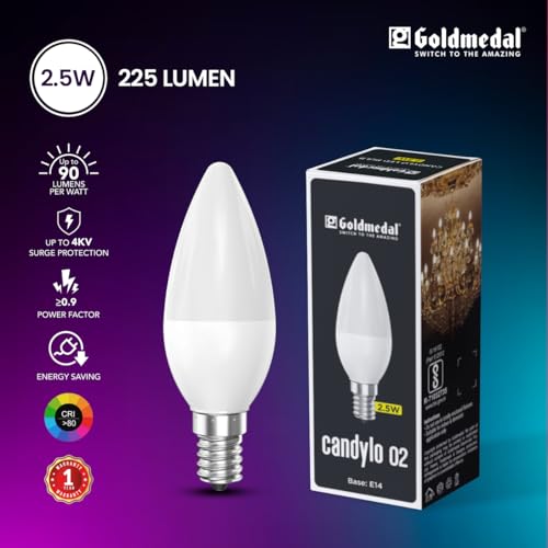 Image of Goldmedal Candylo 02 2.5W Candle Bulb Warm White(3000K) | Modern Design | Bulb Base E14 | For Chandeliers, Wall & Decorative Lights, Desk lamps, Floor lamps | 4Kv Surge Protection