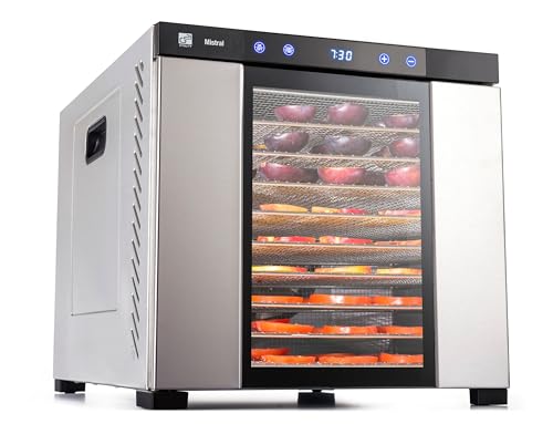 Dörrautomat/Obsttrockner G21 Mistral Edelstahl, 1.100 W, 10 Trockenplatten und 10 Feinsiebe, Digitale Temperatureinstellung: 35–75 °C